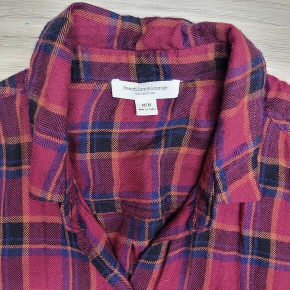 BEACHLUNCHLOUNGE Womens Maroon Blue Orange Plaid Button Front Longsleeve Shirt M - Picture 3 of 6